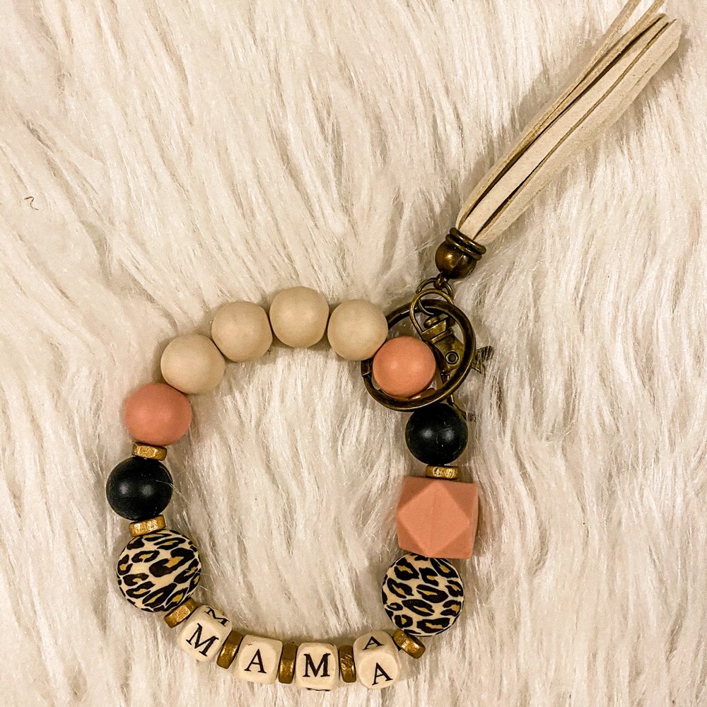 MAMA Leopard Print Beaded Wristlet Keychain w/ Tassel